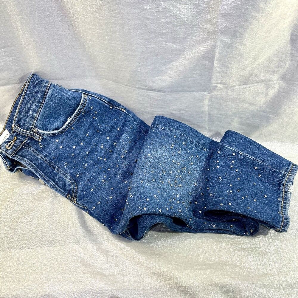 ZARA Button Fly Front Bling Rhinestone Studded Blue Jeans Rodeo Size 4